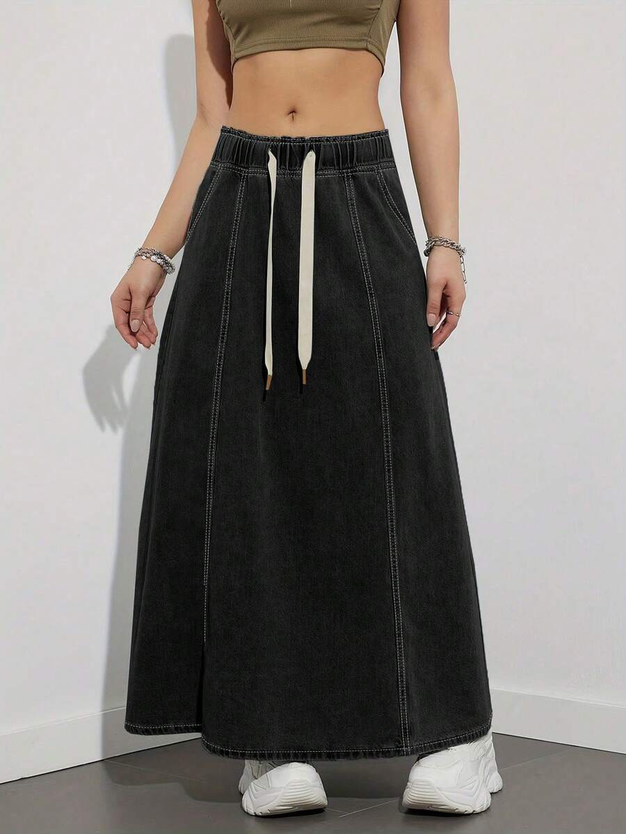 American Style Elastic Waist Loose Black Denim Skirt, Casual Mid-Length Denim Skirt, Fashionable Spring/Summer - Black - View 1