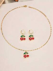 1 件女士樱桃水果首饰套装：1 条项链，1 对耳环，适合日常通勤、节日、派对、海滩度假、礼物