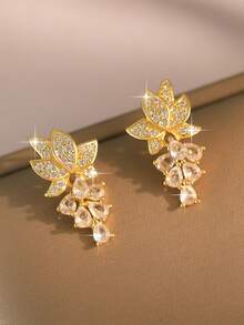 jealous young 1 đôi hoa mạ vàng sang trọng đính đá Cubic Zirconia sáng bóng dành cho nữ, thích hợp cho đám cưới, kỷ niệm, sinh nhật, quà tặng - Vàng - Xem 6