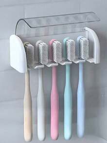 1pc Toothbrush Holder Wall Mount With Cover, Electric Toothbrush Organizer, Toothpaste Rack, 2/5/6 Slots Self-Adhesive Toothbrush Holder, Bathroom Storage Accessories (White), Back To School Season Home Bathroom Decor - Multicolor - View 1