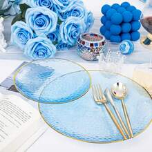 1pc/25pcs 7.5/10.25 Inch Blue Transparent Gold Rim Dinner Plates, Elegant Dessert Plates For Afternoon Tea, High-End Reusable Dinnerware - Blue With Gold Edges - View 7