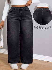 Elegant Straight Leg High Waist Black Jeans Daily Casual Outfit For Plus Size Women Wide Leg Affordable Denim Long Pants