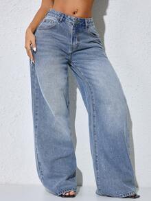 Jeans casuales de mujer de cintura baja, pierna ancha, bolsillos sesgados curvos, color azul, ropa de otoño