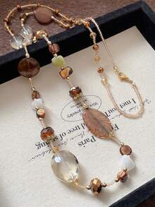 1 chiếc vòng cổ dài đính hạt hình giọt nước phong cách Bohemian cổ điển đa năng dành cho nữ, thích hợp mặc đi tiệc và dự tiệc mùa thu/đông - Màu nâu - Xem 7