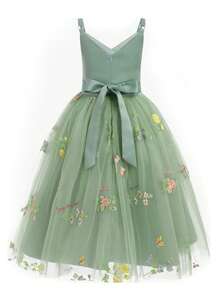 Flower Girls Spaghetti Strap Tulle Dress Long A Line Wedding Pageant Dresses Princess Birthday Party Ball Gown - Green - View 5