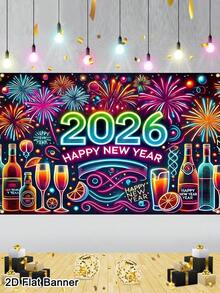 1 件 2026 新年快乐横幅背景，150x100 厘米彩色烟花荧光香槟图案，涤纶面料新年标志海报横幅，新年照片展台背景派对装饰，新年派对用品，2026 年新年快乐装饰 - 彩色 - 查看 7