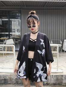 中国风复古新款仙鹤印花改良汉服开衫外套，夏季和服浴衣羽织轻薄外套 - 黑色 - 查看 3