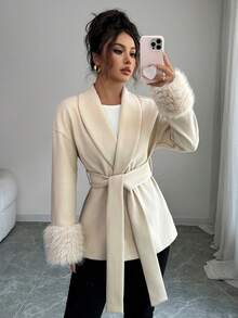 Women's Elegant Faux Fur Trim Tie-Front Collared Long Sleeve Woven Coat - Beige - View 5