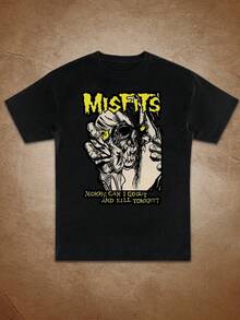 Women's MISFITS Rock Band Graphic T-Shirt - Skull & Hand Print With Bold Yellow Lettering, Edgy Rebellious Style, Round Neck Short Sleeve Casual Tee, Machine Washable All-Season Top, Everyday Clothing, Punkinsired Design, Durable Print Quality - màu đen - Xem 1