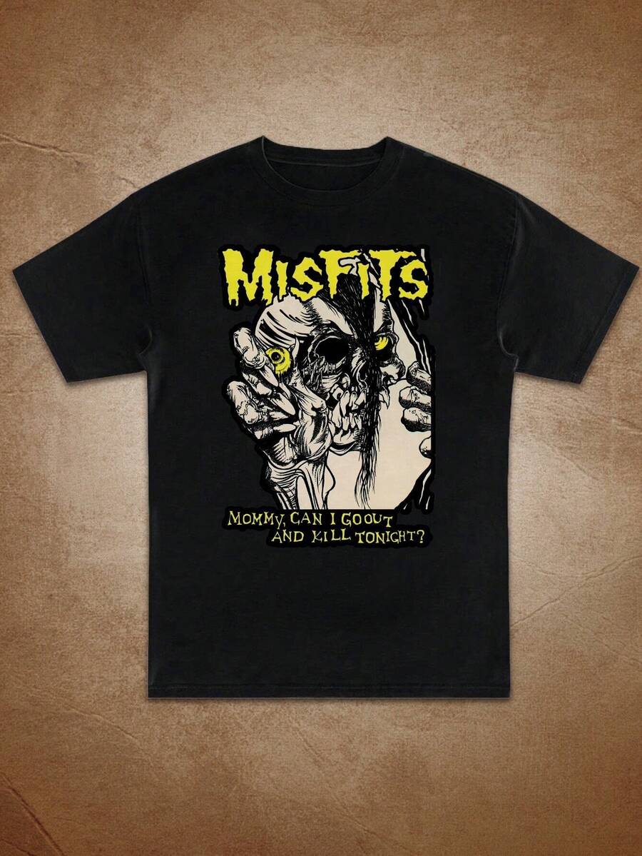 Women's MISFITS Rock Band Graphic T-Shirt - Skull & Hand Print With Bold Yellow Lettering, Edgy Rebellious Style, Round Neck Short Sleeve Casual Tee, Machine Washable All-Season Top, Everyday Clothing, Punkinsired Design, Durable Print Quality - màu đen - Xem 1