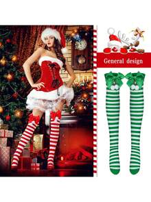 1 Par de Meias Acima do Joelho com Laço Festivo para Festa/Reunião, Listradas em Vermelho e Verde, Adequadas para Decorações de Natal e Decoração de Casa, Decoração de Quarto de Inverno