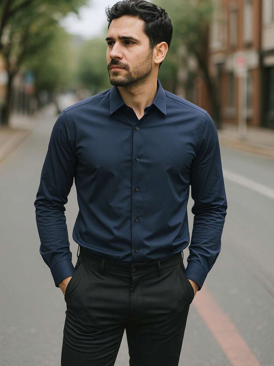 Men's Spring/Summer Slim Fit Dress Shirt - Màu xanh lam - Xem 1