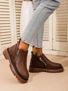 Botas Chelsea com Zíper Oblíquo para Mulheres, Bico Redondo, Salto Grosso, Botas de Tornozelo em Couro PU Marrom, Slip-On, Botas Curtas de Estilo Americano da Moda, Adequadas para Primavera e Outono