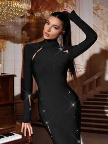 فستان طويل أسود للنساء ذو ياقة عالية مفرغ، فستان زفاف حفلة كرة ، فستان حفلة عيد الميلاد