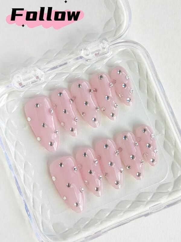 10pcs Long Almond Handmade Press-On Nails,Pink Nails,Nail Supplies,Cute,Fake Nails,Diamond Polka Dot Decoration Nails,Suitable For All Ladies & Girls Everyday Wear