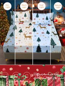 3pcs Polyester Digital Printing Christmas-Themed Bed Sheet Three Pieces Set With Blue Base, Christmas Tree & Cute Reindeer Patterns (1 Fitted Sheet + 2 Pillowcases, No Filling Included), Perfect For Room Decoration, Christmas Home Decor, And A Lovely Christmas Gift,Christmas Bedding