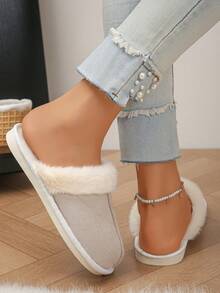 Pantuflas casuales para mujer talla grande 36-45, de tela de unicolor con forro de felpa, parches beige con piel esponjosa, zapatos cómodos para la casa en invierno, cálidos y gruesos, disponibles en varios colores