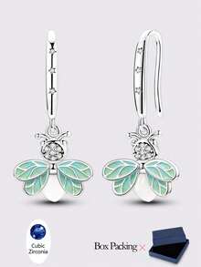 1 对 925 纯银耳环，适合女士，夜光萤火虫形状，闪耀方晶锆石，优雅耳环，珠宝礼品，适合日常派对购物佩戴
