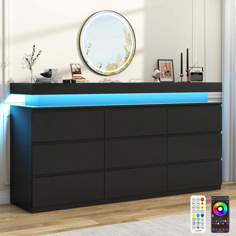 9 Drawer Dresser With USB Powered LED Light, Modern Chest Of Drawers For Closet, 63" Wide Drawer Organizer Cabinet For Bedroom, Living Room, Entryway, Hallway - 查看 1