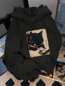 大码女式日常黑色猫咪图案寿司元素日式文字图案连帽长袖休闲春夏秋季女式大码长袖卫衣感恩节外出上衣女式度假装女式 - 黑色 - 查看 1