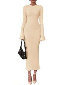 2026 Women's Fall Winter Bell Sleeve Crew Neck Ribbed Knit Bodycon Sweater Maxi Dress - Beige - View 1