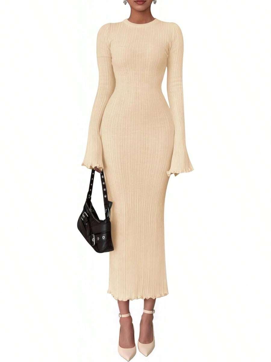 2026 Women's Fall Winter Bell Sleeve Crew Neck Ribbed Knit Bodycon Sweater Maxi Dress - Beige - View 1