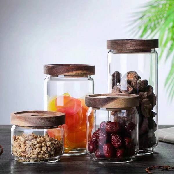 1pc Glass Storage Jar With Wooden Lid, Airtight High Borosilicate Glass Canister For Coffee Beans, Loose Leaf Tea, Nuts, Sugar, Spices, Dry Goods, Snacks, Moisture-Proof Kitchen Food Storage Container