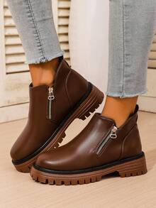 Botas Chelsea com Zíper Oblíquo para Mulheres, Bico Redondo, Salto Grosso, Botas de Tornozelo em Couro PU Marrom, Slip-On, Botas Curtas de Estilo Americano da Moda, Adequadas para Primavera e Outono