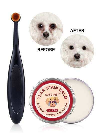 GJYC PET Bálsamo para prevenção de manchas de lágrimas em animais de estimação com pincel de pó profissional, cuidados com os olhos para cães e gatos, repelente natural de lágrimas, limpeza suave, eficaz e não irritante, 1 oz