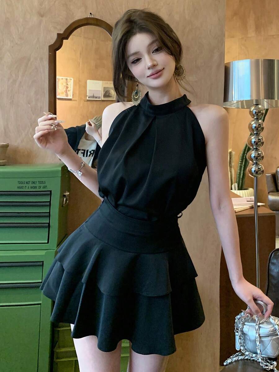 Sleeveless Halter Neck Tank Top & Ruffle Hem Mini Skirt 2 Pieces Set For Women, Summer Elegant - Black Two Piece Suit - View 1