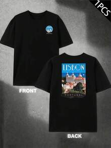Lisbon Portugal Graphic T-Shirt, Men's T-Shirt With Double-Sided Print, Fashion, Casual, Round Neck, 220 G/M2, Pure Cotton (1 Piece) - 黑色 - 查看 1