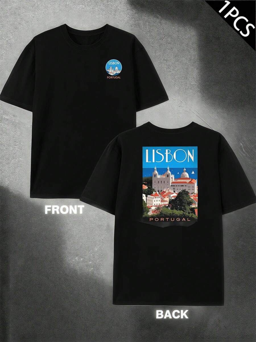 Lisbon Portugal Graphic T-Shirt, Men's T-Shirt With Double-Sided Print, Fashion, Casual, Round Neck, 220 G/M2, Pure Cotton (1 Piece) - 黑色 - 查看 1