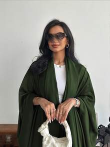 Conjunto de túnica de unicolor holgada con mangas de murciélago y pañuelo para la cabeza, atuendo árabe de primavera con estilo de Oriente Medio - Verde Oliva - Ver 5