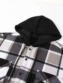 1pc Men's Plaid Button-Down Collar Long Sleeve Shacket With Chest Pocket, Regular Fit, Thermal Lined, Thickened Button-Up Sherpa Warm Flannel Shacket, Fall/Winter - Grey - View 4