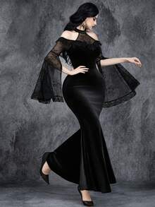 女式哥特式优雅华丽浪漫复古万圣节女巫袖角色扮演深色蕾丝玫瑰花边拼接天鹅绒露肩鱼尾派对连衣裙 - 黑色 - 查看 4