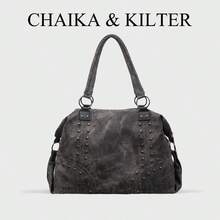 CHAIKA & KILTER 1pc Solid Color PU Fabric Shoulder Bag, Women's Vintage Casual Large Capacity Tote Bag, College Student Book Bag, Stitching Rivet Decor Dual Handle Design, Zipper Closure, Suitable For Daily Shopping, New Arrival Tote Bags For Woman , Office Bag