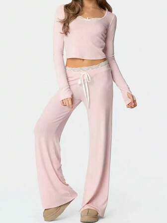 QING ROU 2pcs Set: Top + Pants, Lace Patchwork Knit Loungewear Set, Suitable For Homewear And Outdoor Wear, Winter Clothes