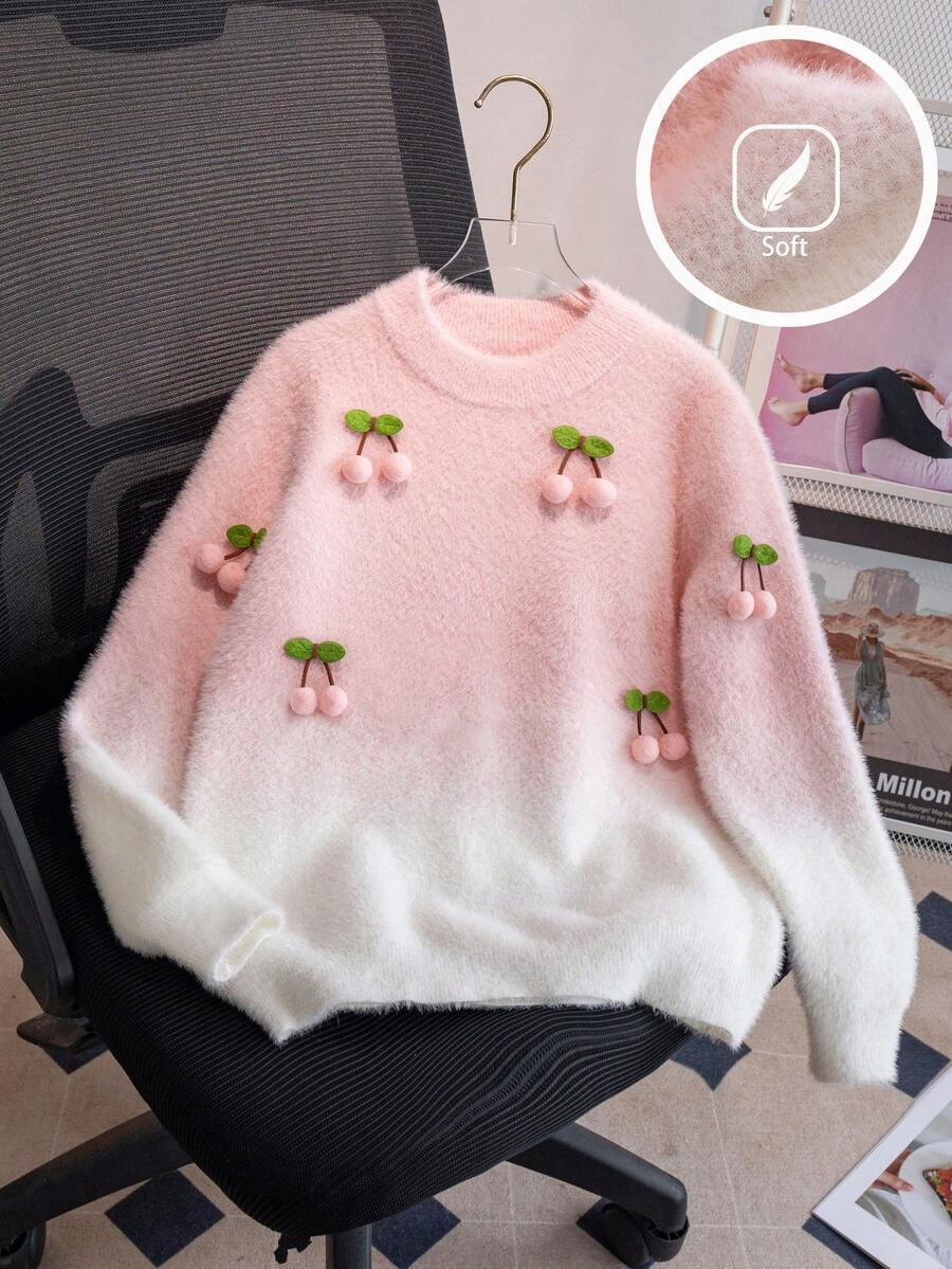 Mädchen süßer Farbverlauf Kirsche Strickpullover, mit Kunstfell gefüttert, geeignet für Alltag, Urlaub, Frühling, Herbst, Winter