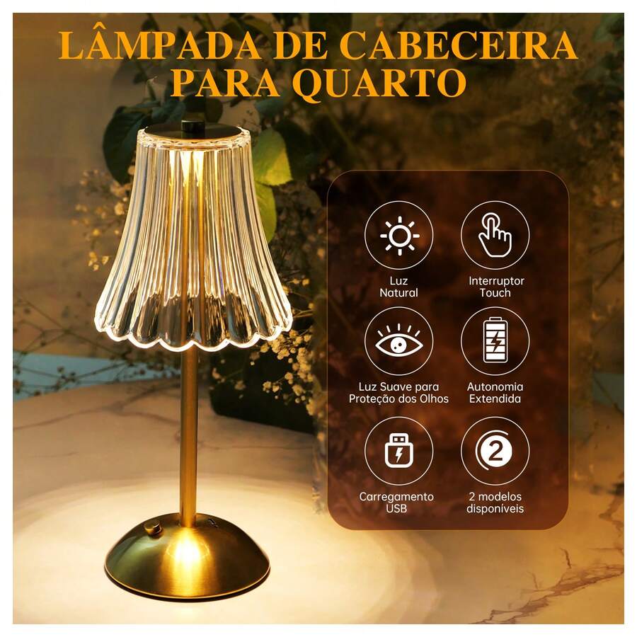 3-Tone Table Lamp Crystal Lampshade Rechargeable LED Bedside Lamp Living Room Bedroom Decoration - 芥末黃 - 查看 1