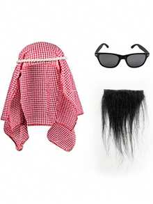 Set di 3 accessori per outfit da uomo in stile anni '80 mediorientale: sciarpa rossa, fascia per capelli in corda, maschera per gli occhi nera e baffi laser neri, adatto per Ognissanti, feste in costume, ruoli, uso quotidiano, festival, cosplay