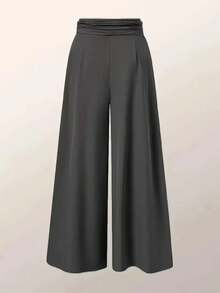 Women's High Waist Pleated Drawstring Loose Fit Pants Vacation - Black - View 2