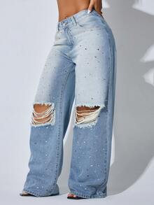 Low Waist Wide Leg Casual Blue Ripped Slanted Pocket Curved Women'S Jeans Rhinestone Embroidery - Blue - View 7