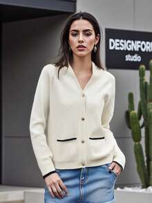 Women's Shawl Collar Cardigan Long Sleeve V Neck Graphic Print Button Down Sweater Knit Tops - 彩色 - 查看 3