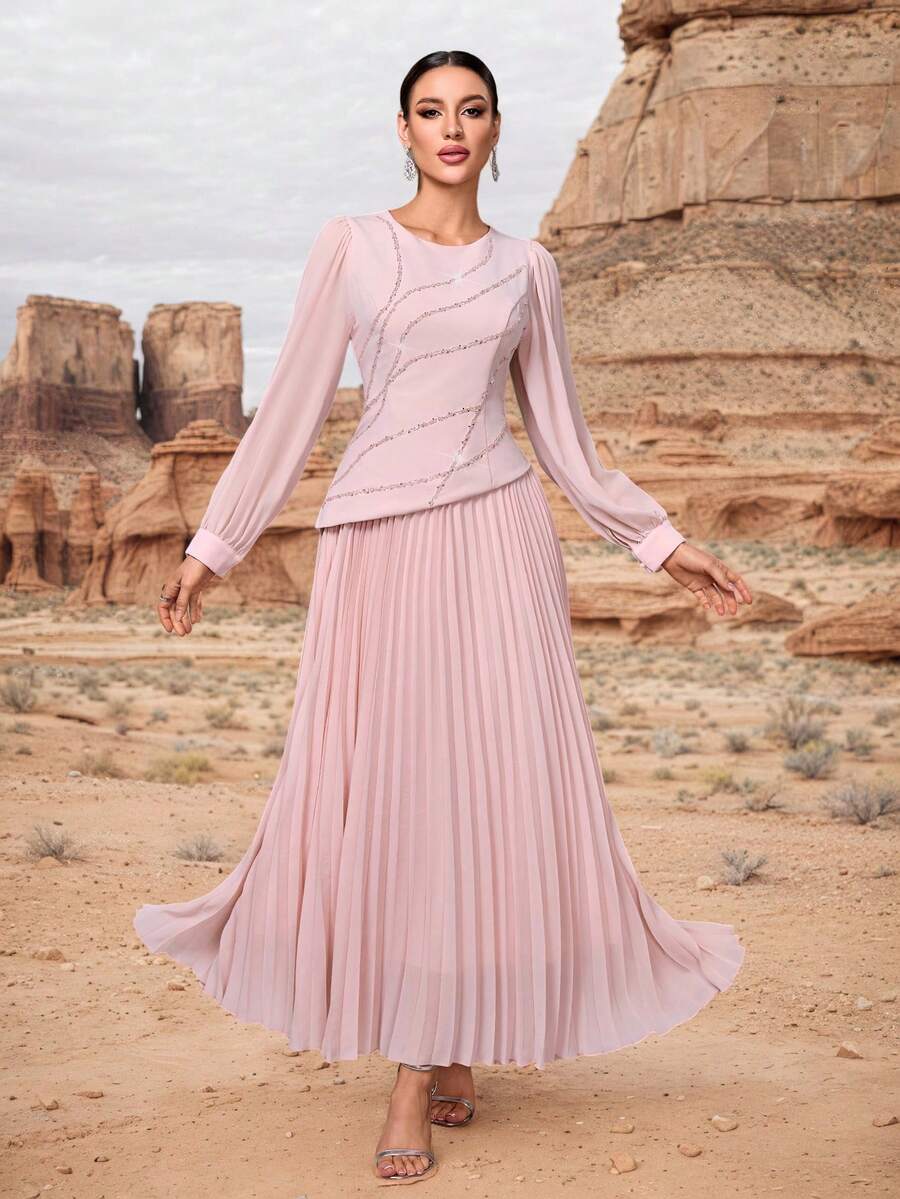 Elisanya 女士纯色圆领不对称下摆褶皱长裙，优雅长袖刺绣串珠礼服，适合宴会和派对 - 粉色 - 查看 1