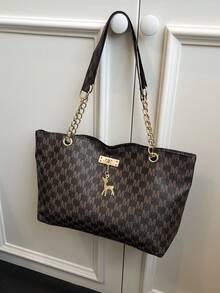 Bolso de mano de gran capacidad de moda 2024 para mujer, bolso de hombro de cadena vintage con estampado, adecuado para ir al trabajo - Café integral - Ver 2