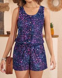 Women Romper Swimsuit - One Piece Bathing Suit With Shorts Modest Boyleg Swim With Pockets 2025 - Bầu trời đầy sao màu tím - Xem 5