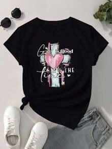 Camiseta cristiana "Dios es bueno" ,Camiseta informal de algodón de verano para mujer, manga corta, cuello redondo, 220 g/m2 (1 pieza) - Negro - Ver 2