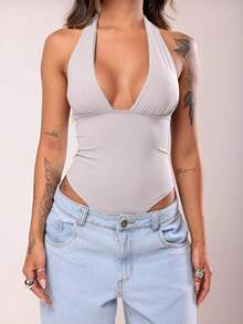 Women's Bodysuit, Plunging Neckline, Polyamide, Halter Neck, Multi-Shape – Elegant Blogger Fashion - Grey - View 3