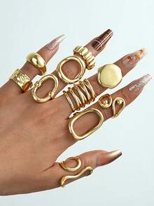 Set di 10 pezzi di anelli aperti asimmetrici di stile vintage a moneta geometrica per donne, adatto per vacanze, feste, appuntamenti, uso quotidiano, regalo (senza scatola)