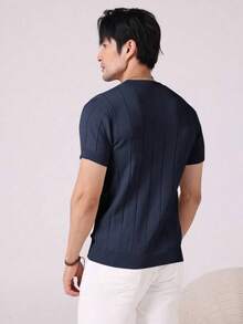 Men's Casual Crew Neck Solid Color Short Sleeve Knit T-Shirt - Navy Blue - View 2